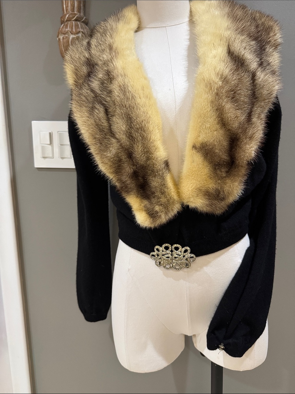 Bergdorf Goodman Vintage Black Cashmere Cardigan with Mink Fur Shawl Collar